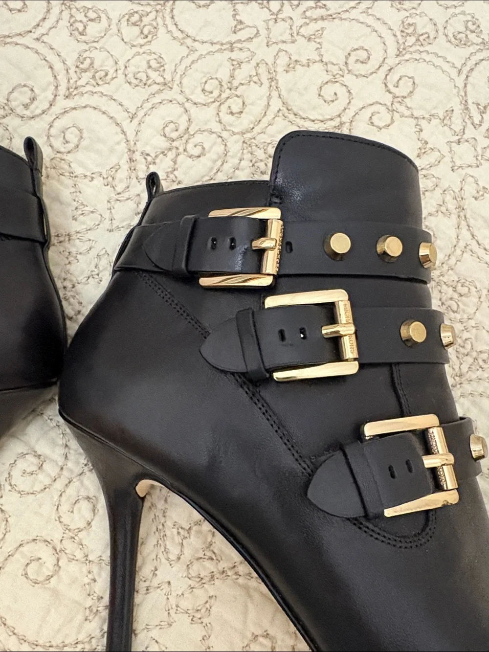 Michael Kors Bryn studded Black leather peek-Toe Buckle high heel ankle Boot 10